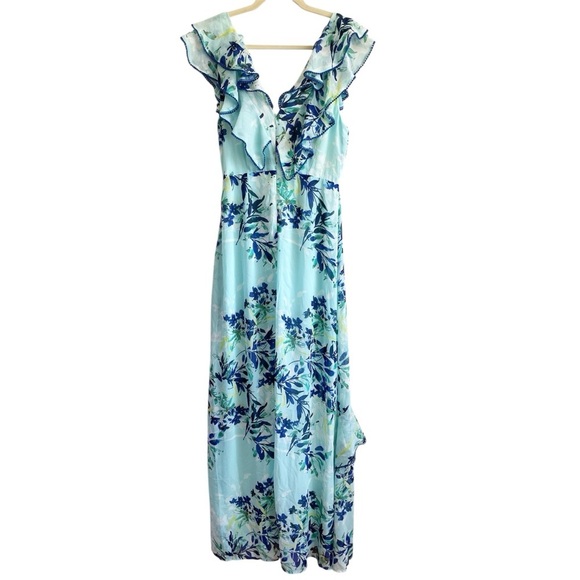 Lulus Sammi Blue Floral Ruffle wrap Maxi Dress Wedding Formal coastal beachy S - Picture 3 of 16